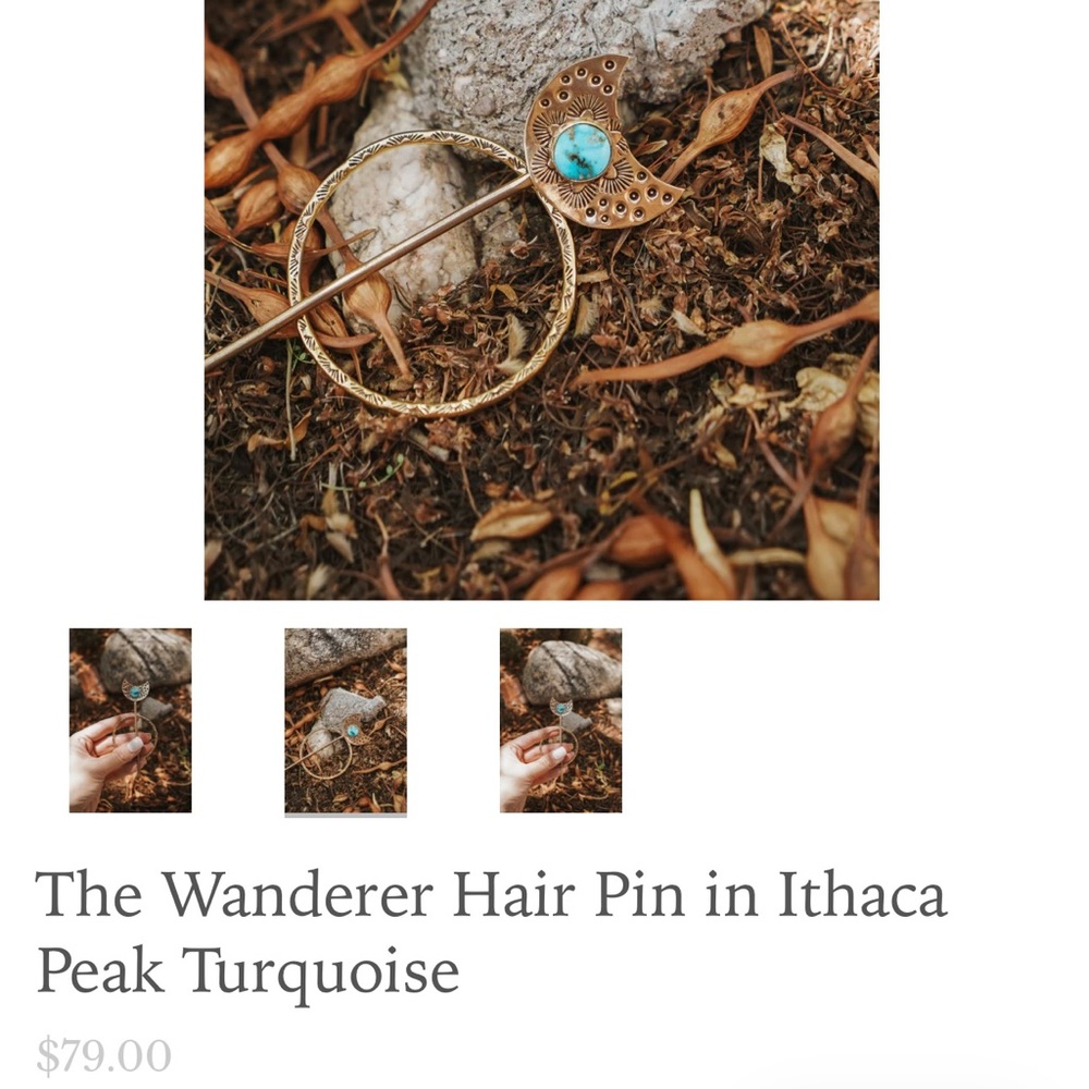 Golden road crafted brass + real turquoise handmade hair pin - Picture 2 of 2